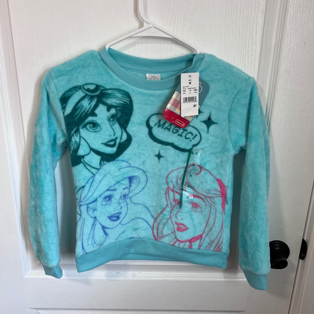 Disney Princess Girls Blue Fleece Sweatshirt Jasmine Ariel Aurora Size M NEW